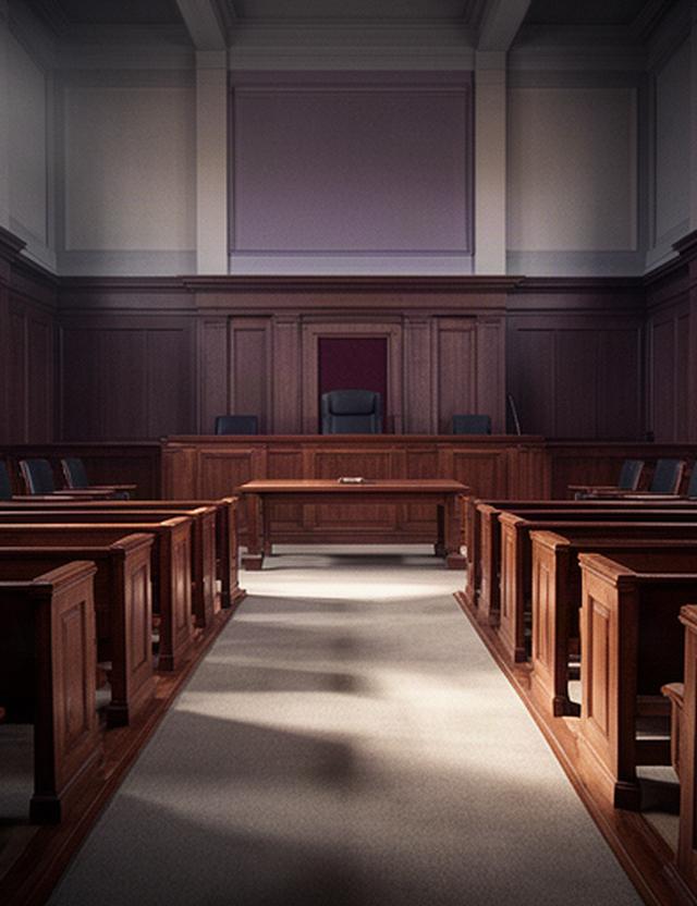 Sala de vistas con bancos de madera y mesa para la defensa jurídica