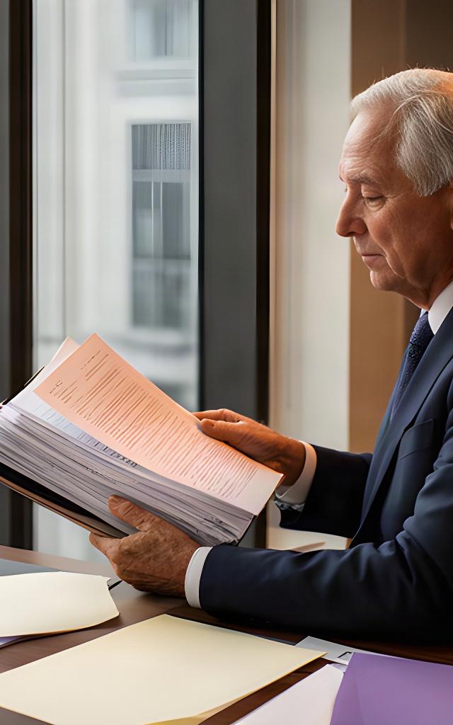 Abogado senior revisando un expediente penal junto a una ventana del despacho