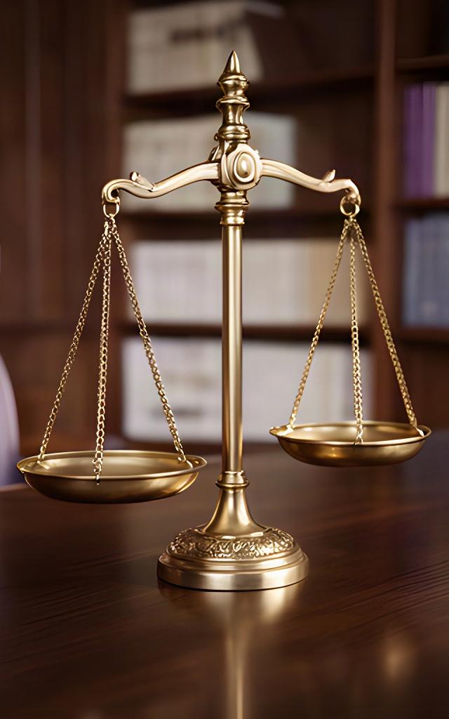 Balanza de la justicia sobre una mesa de madera en un despacho jurídico de Piedras Blancas
