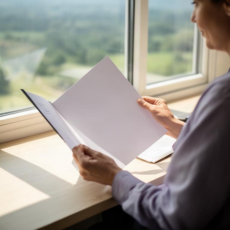 Persona revisando una carpeta de asesoramiento jurídico junto a una ventana