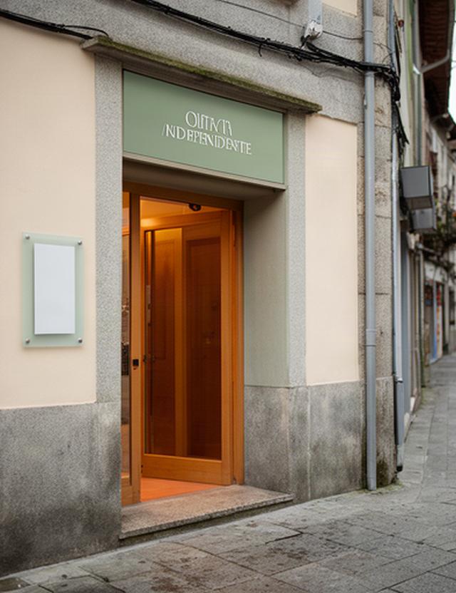 Entrada del despacho jurídico en una calle tranquila de Piedras Blancas, Asturias