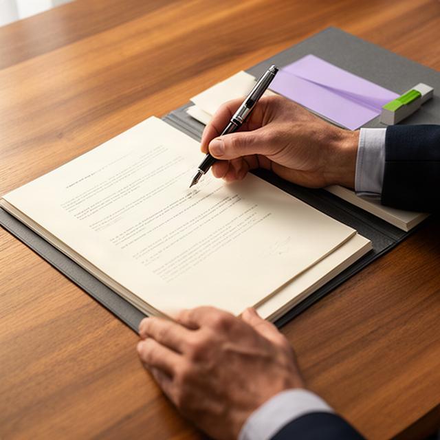Firma de un contrato de compraventa sobre una mesa de madera