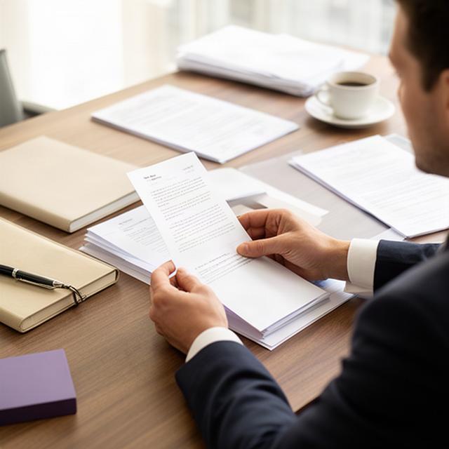 Persona revisando documentos legales en una mesa de consulta